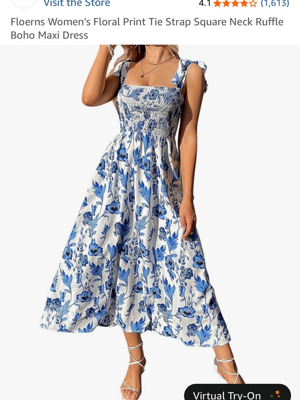 Smocked Bodice Tie-Shoulder Floral Midi Dress - Blue/White